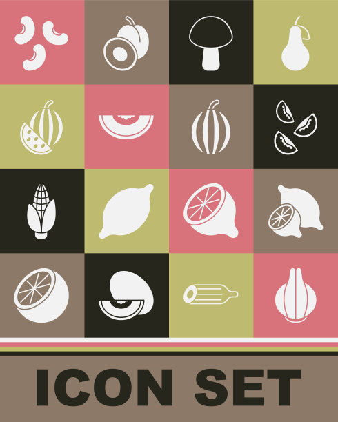 设置洋葱，柠檬，番茄，蘑菇，瓜果，西瓜，豆类和图标。向量图片下载