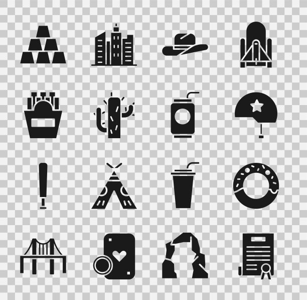 集独立宣言，甜甜圈，军事头盔，西部牛仔帽，仙人掌，土豆薯条盒，金条和苏打罐吸管图标。向量图片下载