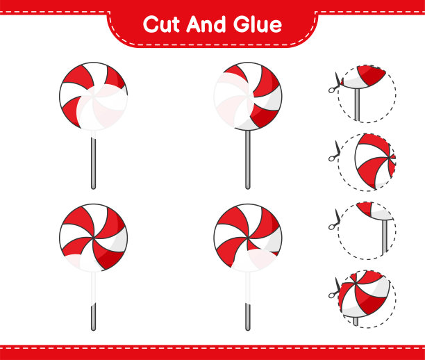 剪切和胶水，切割糖果的部分和胶水。教育儿童游戏，可打印的工作表，矢量插图图片下载