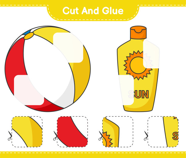 剪切和胶水，剪切部分防晒霜，沙滩球和胶水。教育儿童游戏，可打印的工作表，矢量插图图片下载