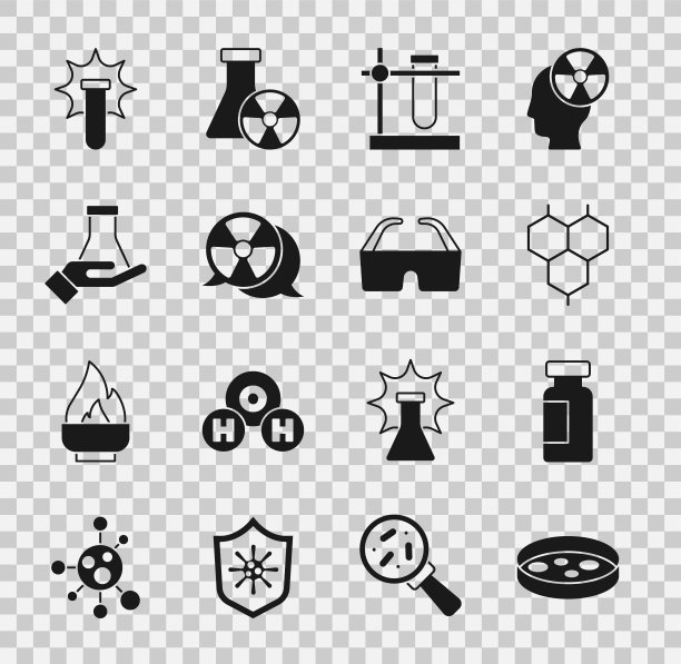 设置有细菌的培养皿，试管和烧瓶，化学配方，在支架上，放射性，爆炸和安全眼镜图标。向量图片下载