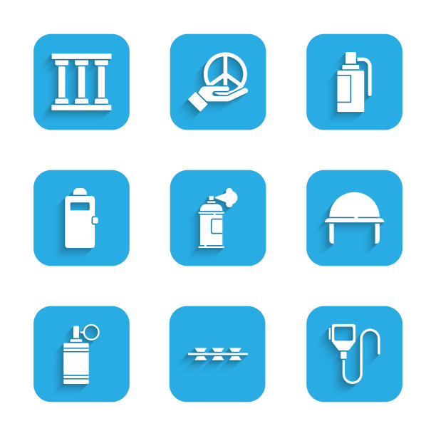 设置喷漆罐，带刺铁丝网，对讲机，军用头盔，手榴弹，警察攻击盾，监狱窗口图标。向量图片下载