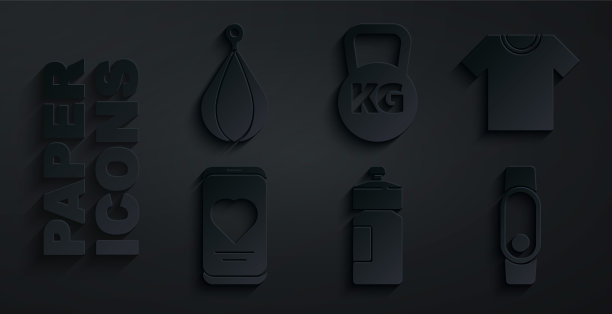 设置健身摇壶，t恤，心率手机，智能手表，壶铃和沙袋图标。向量图片下载