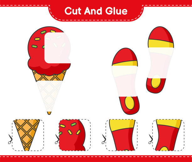 剪切和胶水，冰淇淋，Flip flops的部分和胶水。教育儿童游戏，可打印的工作表，矢量插图图片下载