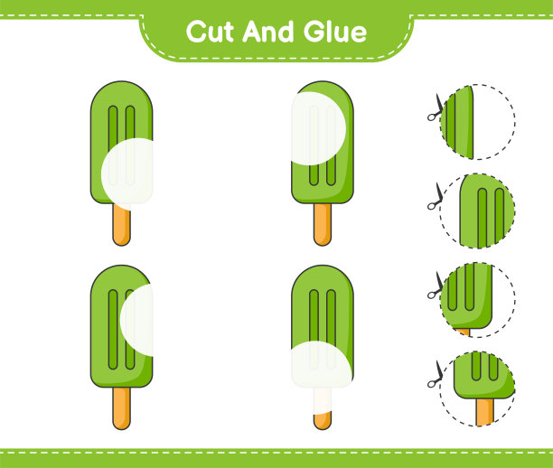 剪切和胶水，冰淇淋的部分，并胶水。教育儿童游戏，可打印的工作表，矢量插图图片下载