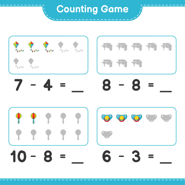 数数比赛，数数风筝、水枪、拨号鼓、奶嘴的数目，并与正确的数字配对。教育儿童游戏，可打印的工作表，矢量插图图片下载