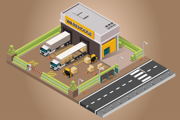 矢量等距仓库建筑。图片下载