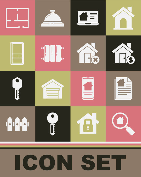 设置搜索房屋，房屋合同，美元符号，在线房地产，暖气散热器，关闭门，计划和错误的标志图标。向量图片下载