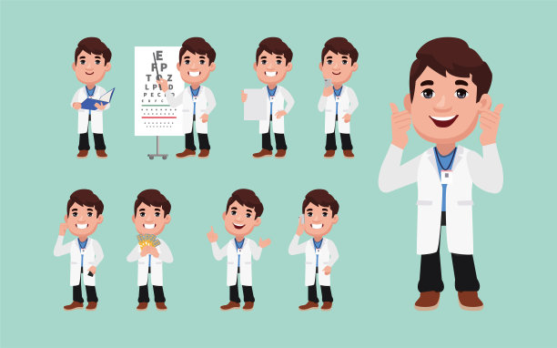 不同姿势的医生。向量图片下载