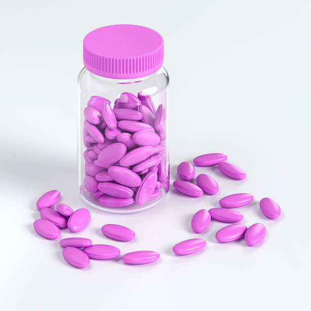 一罐粉色药丸。在生病时支撑身体。生产的药物。3 d渲染。图片下载