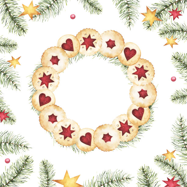 正方形圣诞贺卡模板，新年冬季假期框架设计与水彩姜饼饼干和松树树枝花环和常青树树枝背面处理剪纸边界上的白色图片下载
