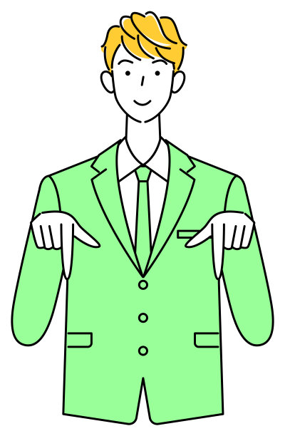 一个可爱的西装男面带微笑，手指着下面的方向。业务人员插图矢量图片下载