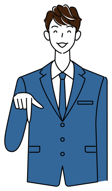 一个可爱的西装男面带微笑，手指着下面的方向。业务人员插图矢量图片下载