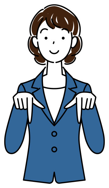 一个穿着西装的漂亮女人，微笑着，手指向下。图片下载