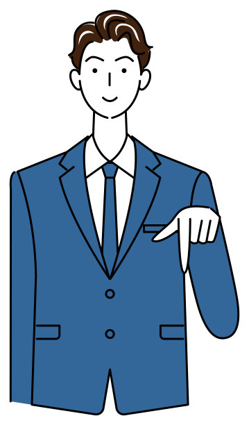 一个可爱的西装男面带微笑，手指着下面的方向。业务人员插图矢量图片下载