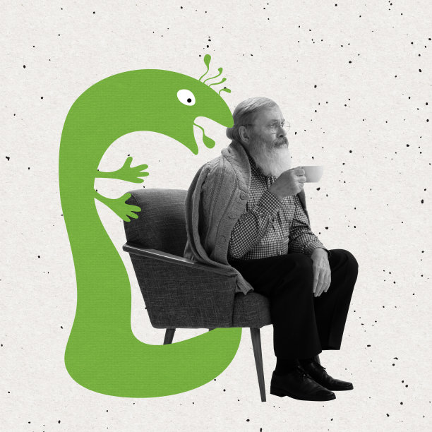 被冒犯的伤心的老人坐在扶手椅和可爱的画卡通小男人斑点在柔和的背景与灰尘效果图片下载