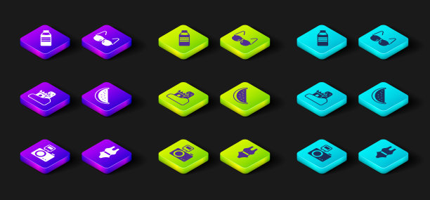 设置闪光灯，泳装，沙堡，西瓜，眼镜和瓶子的水图标。向量图片下载