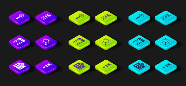 设置信息，火炬火焰，金属探测器，放大镜，城堡塔和石器时代的锤子图标。向量图片下载