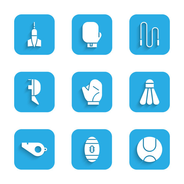 设置棒球手套，美式足球，网球，羽毛球羽毛球，哨子，击剑头盔面具，跳绳和飞镖箭头图标。向量图片下载