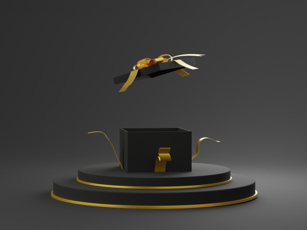 打开礼盒颜色黑色领带与金属金色丝带图片下载