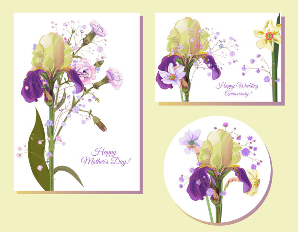 母亲节的模板集(垂直，水平，圆形):鸢尾花，水仙(水仙):蓝色，紫色的花在白色的背景上。逼真的植物插图在水彩风格，矢量图片下载