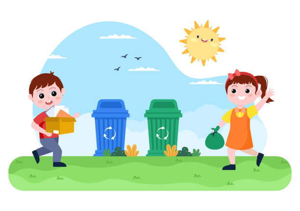 回收过程与垃圾有机，纸或塑料，以保护生态环境适合横幅，背景，和网络在平面插图图片下载