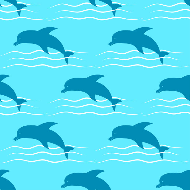 蓝色的海豚在海里。无缝模式。矢量图解说明。纹理。图片下载
