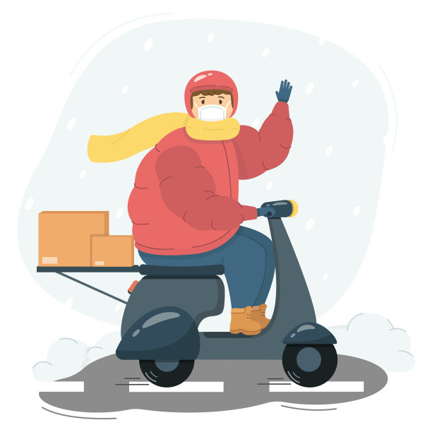 冬天下雪时骑滑板车送快递的人。图片下载