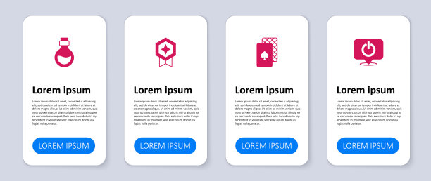 设置电源按钮，纸牌，游戏等级与奖牌和瓶子魔法药剂。业务信息模板。向量图片下载