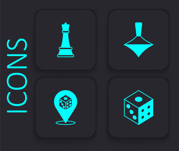 设置游戏骰子，象棋，旋转玩具和图标。黑色方形按钮。向量图片下载