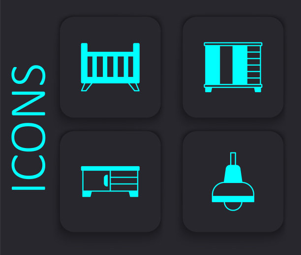 设置灯挂，婴儿床摇篮床，衣柜和电视台架图标。黑色方形按钮。向量图片下载