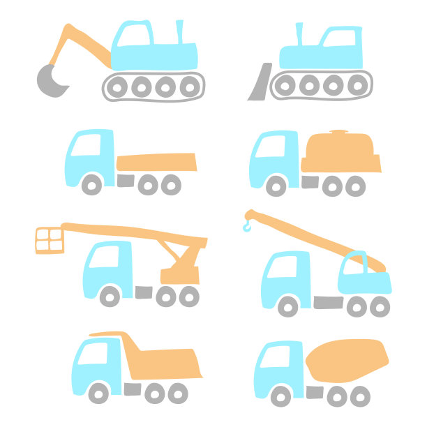 一套卡通施工设备。五颜六色的卡车和拖拉机。侧视图。矢量图形手插图。白色背景上的孤立对象。隔离。图片下载