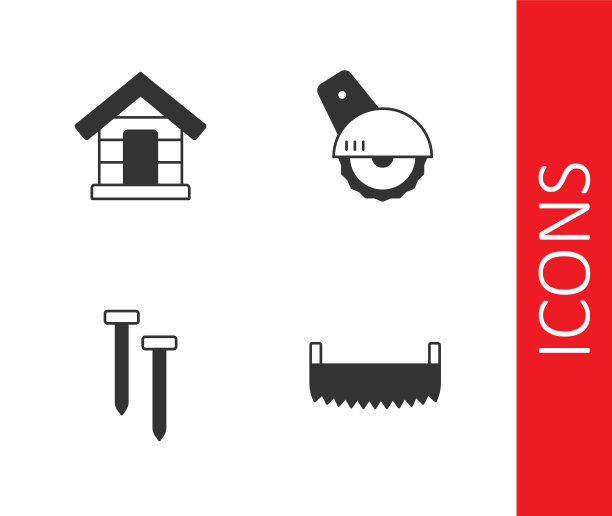 设置双手锯，狗屋，金属钉和电动圆形图标。向量图片下载