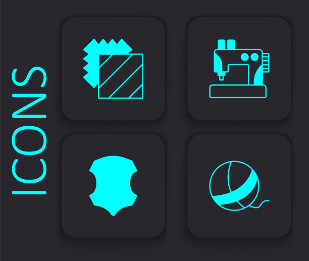 设置纱线球，层服装纺织品，缝纫机和皮革图标。黑色方形按钮。向量图片下载