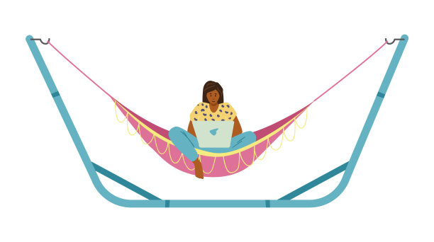女人工作在吊床上的笔记本电脑，平坦的矢量插图孤立在白色背景上。图片下载