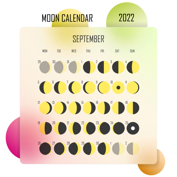 2022年9月月历。占星日历的设计。计划。贴纸的地方。月周期计划模型。孤立彩色玻璃态背景图片下载