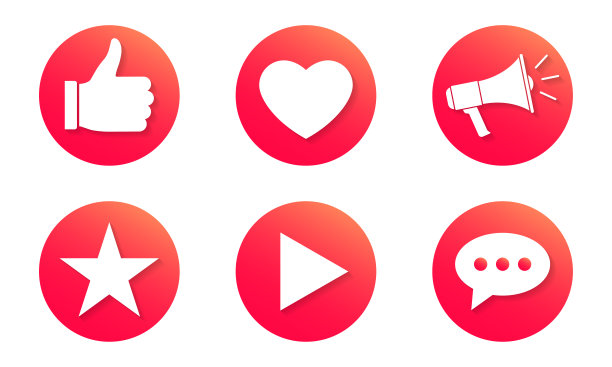 社交媒体，反馈图标设置。竖起大拇指，比如，扩音器，语音泡泡符号。矢量插图。图片下载