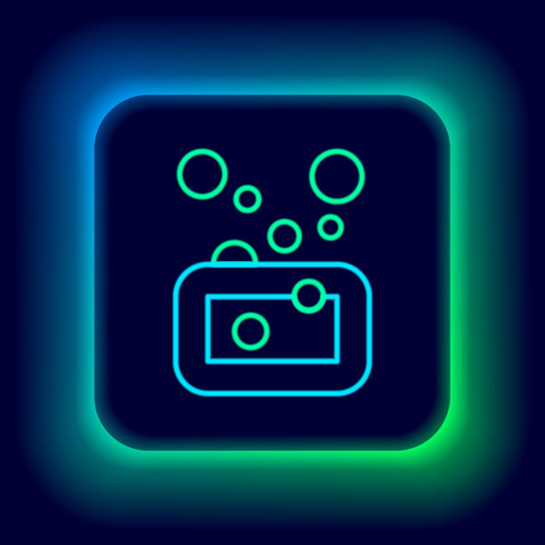 发光的霓虹灯线肥皂图标孤立在黑色背景条。有气泡的肥皂棒。色彩斑斓的轮廓的概念。向量图片下载