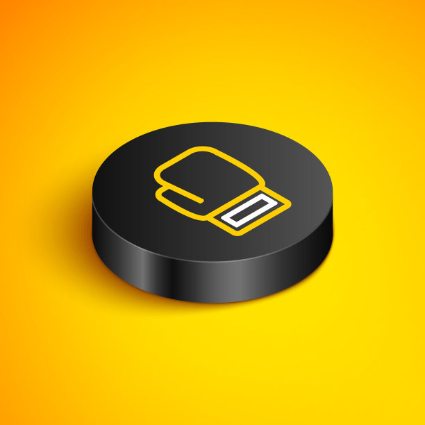 等距线拳击手套图标孤立在黄色背景上。黑色圆按钮。向量图片下载