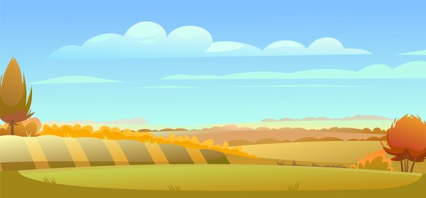 美丽的秋乡风光。乡村的野生动物。村里是牧场和菜园。一年中的收获季节。成熟的床。黄色和橙色的场景。向量素材图片