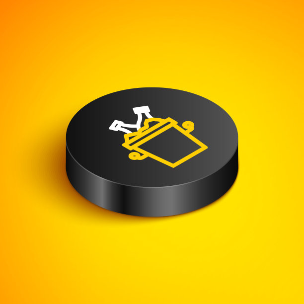 等距线啤酒瓶在冰桶图标孤立在黄色背景。黑色圆按钮。向量图片下载