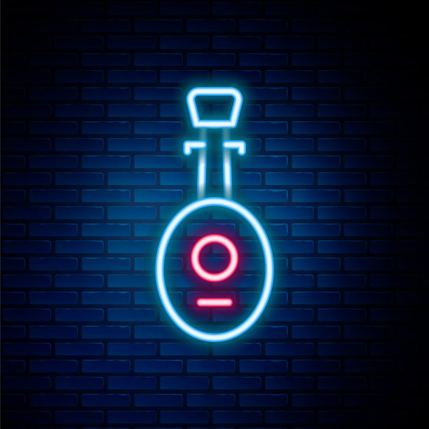 发光的霓虹灯线乐器琵琶图标孤立在砖墙背景上。阿拉伯，东方，希腊的乐器。色彩斑斓的轮廓的概念。向量图片下载