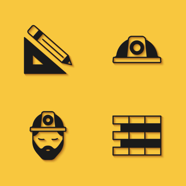 设置三角形尺子和铅笔，砖块，建筑工人和工人安全帽图标与长阴影。向量图片下载