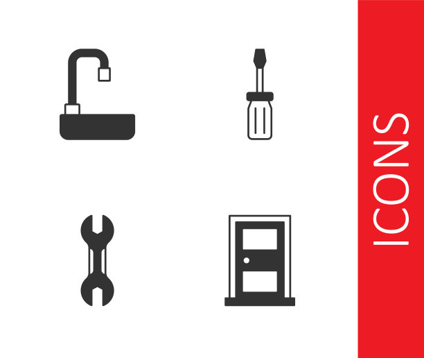 设置“关闭门”、“脸盆”、“扳手”和“螺丝刀”图标。向量图片下载