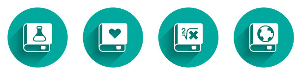 设置化学书，浪漫，书与数学和地球地球仪和图标与长阴影。向量图片下载