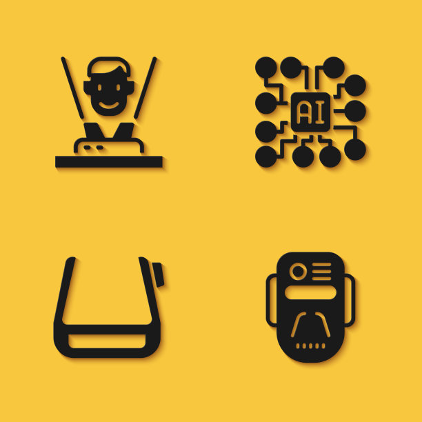 眼镜上设置全息图、人工智能机器人、智能眼镜、长阴影神经网络图标。向量图片下载