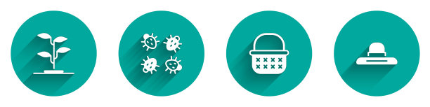 设置斯普劳特，科罗拉多甲虫，柳条篮和农民工人帽子图标与长阴影。向量图片下载