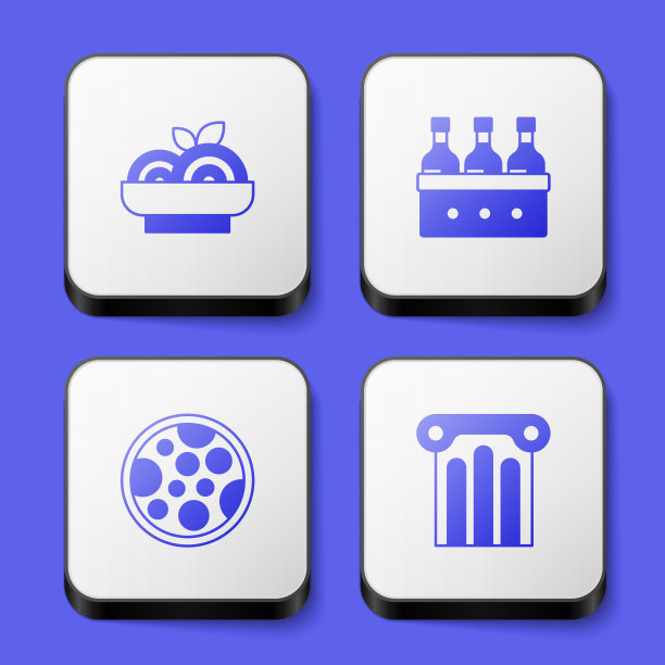 设置意大利面，葡萄酒，披萨和古代柱图标。白色正方形按钮。向量图片下载