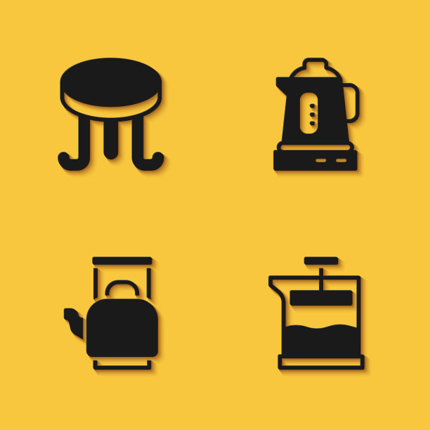 设置咖啡桌，法式压壶，带手柄的水壶和带长阴影的电热水壶图标。向量图片下载