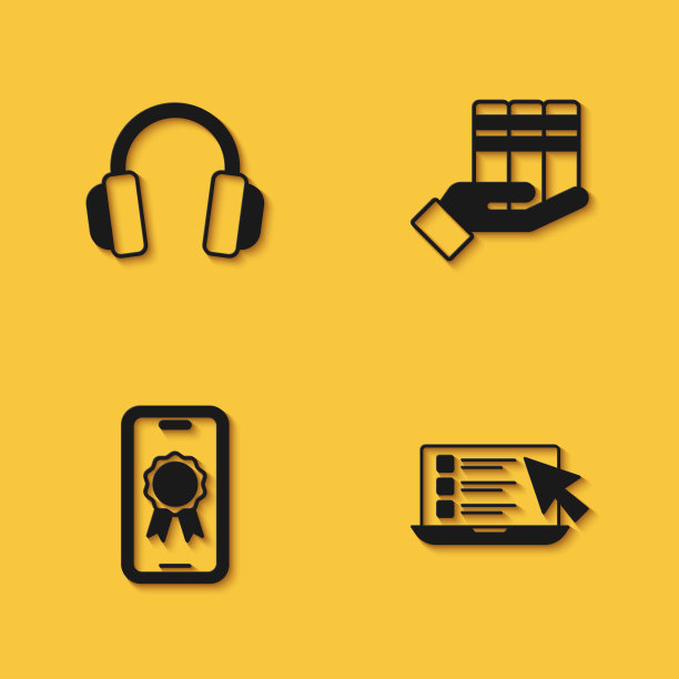 设置耳机，在线测试，测试，调查，教育与文凭和书捐赠图标长阴影。向量图片下载